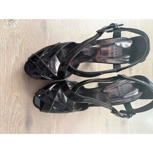 Stuart Weitzman Black Patent Leather Heels Sandals Peep Toe Ankle Strap‎ 7